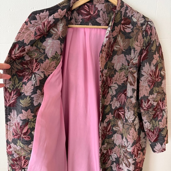 Handmade Pink Leaf Tapestry Long Coat | Cottagecore Fall | Size Large - Picture 5 of 9